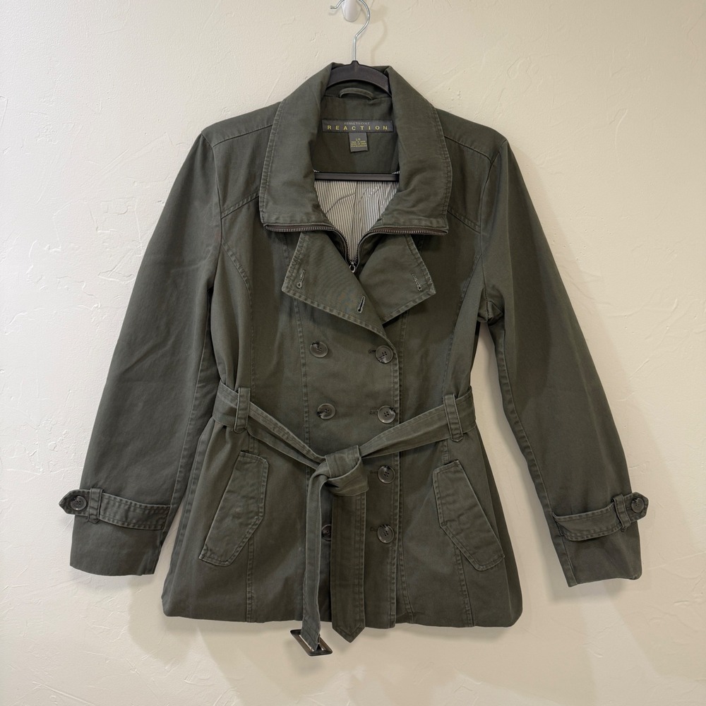 Kenneth Cole Reaction Womens Olive Green Utility Trench Coat Belted Jacket L